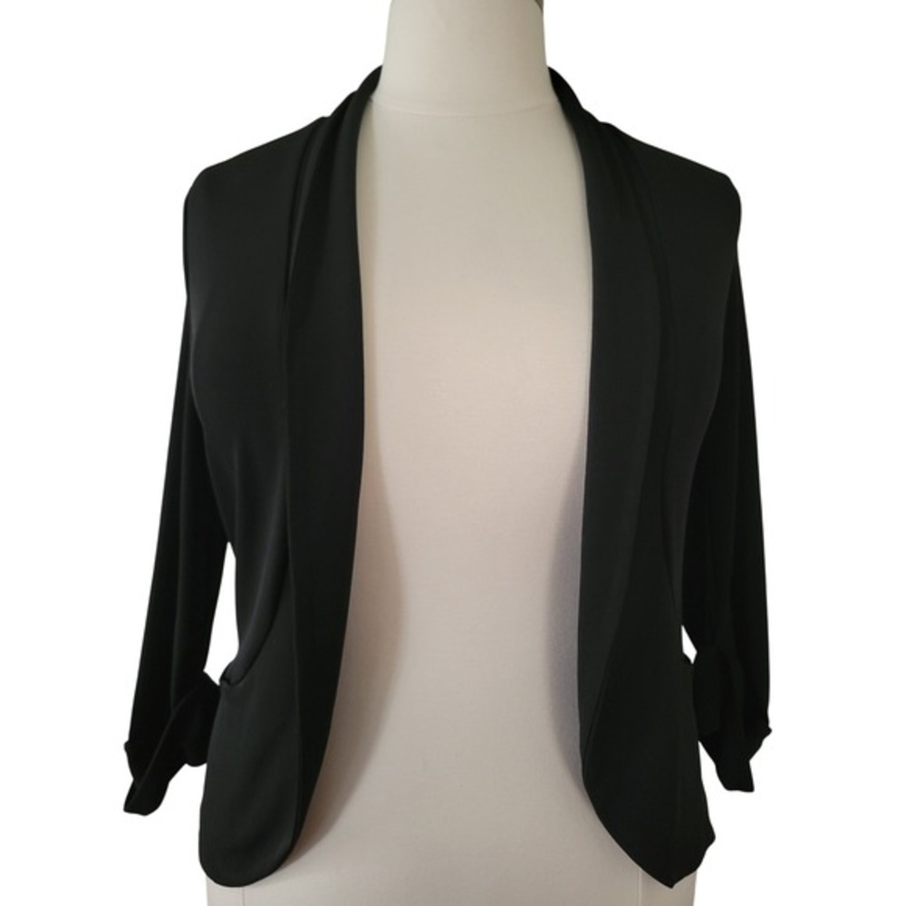 Chico's Open Front Blazer Women Size 1 Black Draped Shawl‎ Collar 3/4 Slv